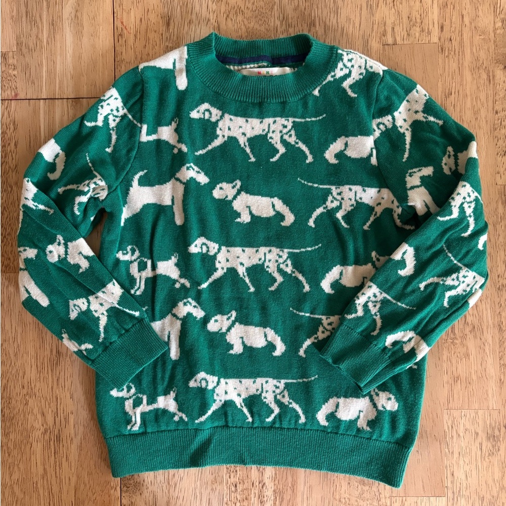 Mini Boden Green Dog Print Crewneck Sweater (size 6-7 y)